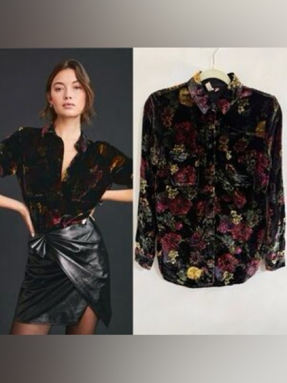 Pilcro Hadley Velvet Floral Button-Down Shirt - Black with Pink, Gold, Green